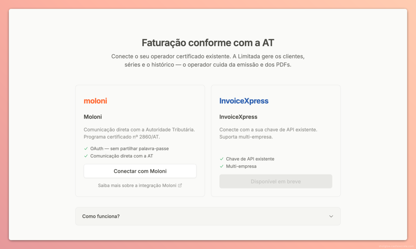 Página de configuração da Faturação