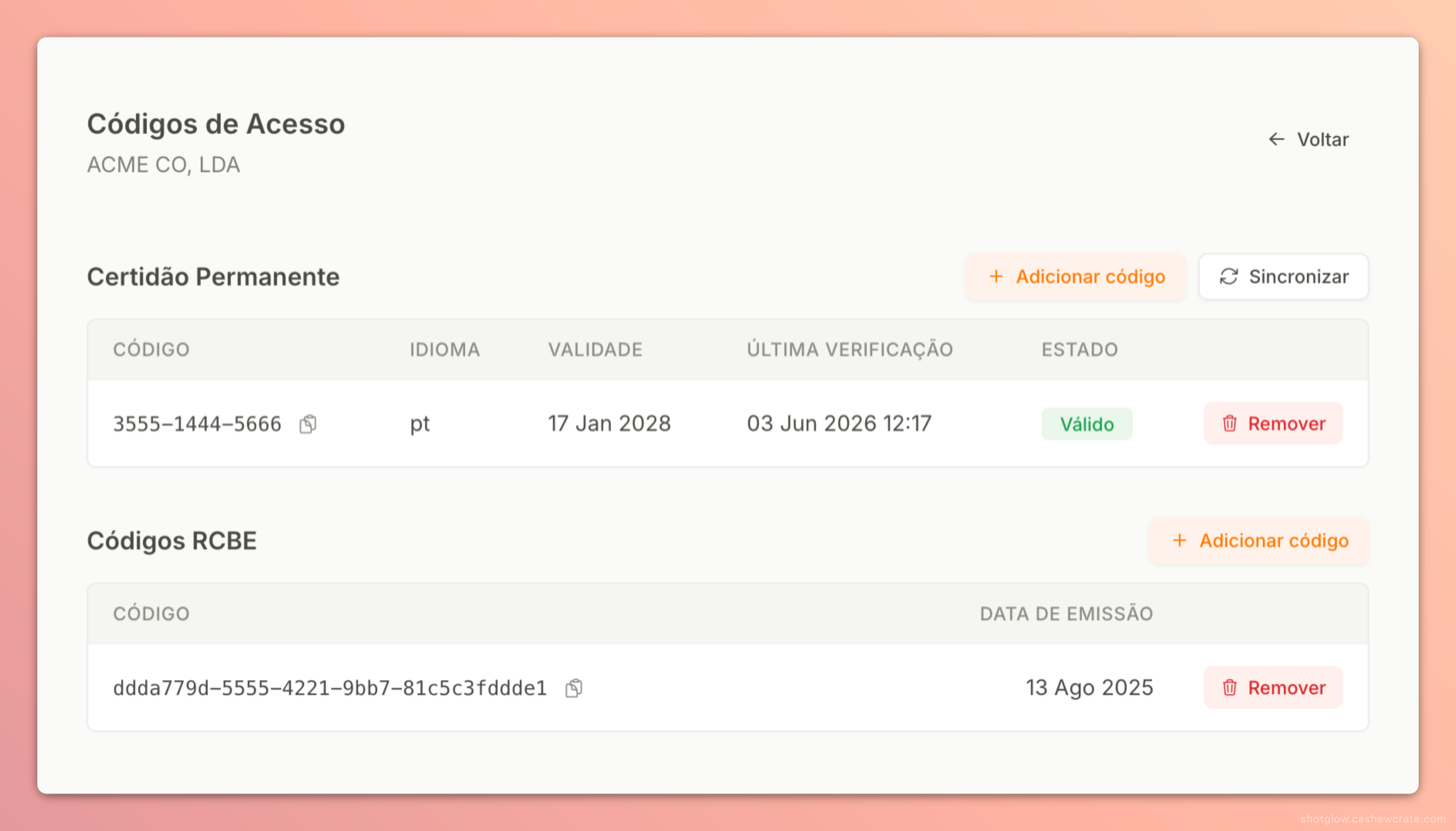 Ecrã de Códigos de Acesso na Limitada: o código da Certidão Permanente com idioma, validade, última verificação e estado Válido, além do botão Sincronizar.