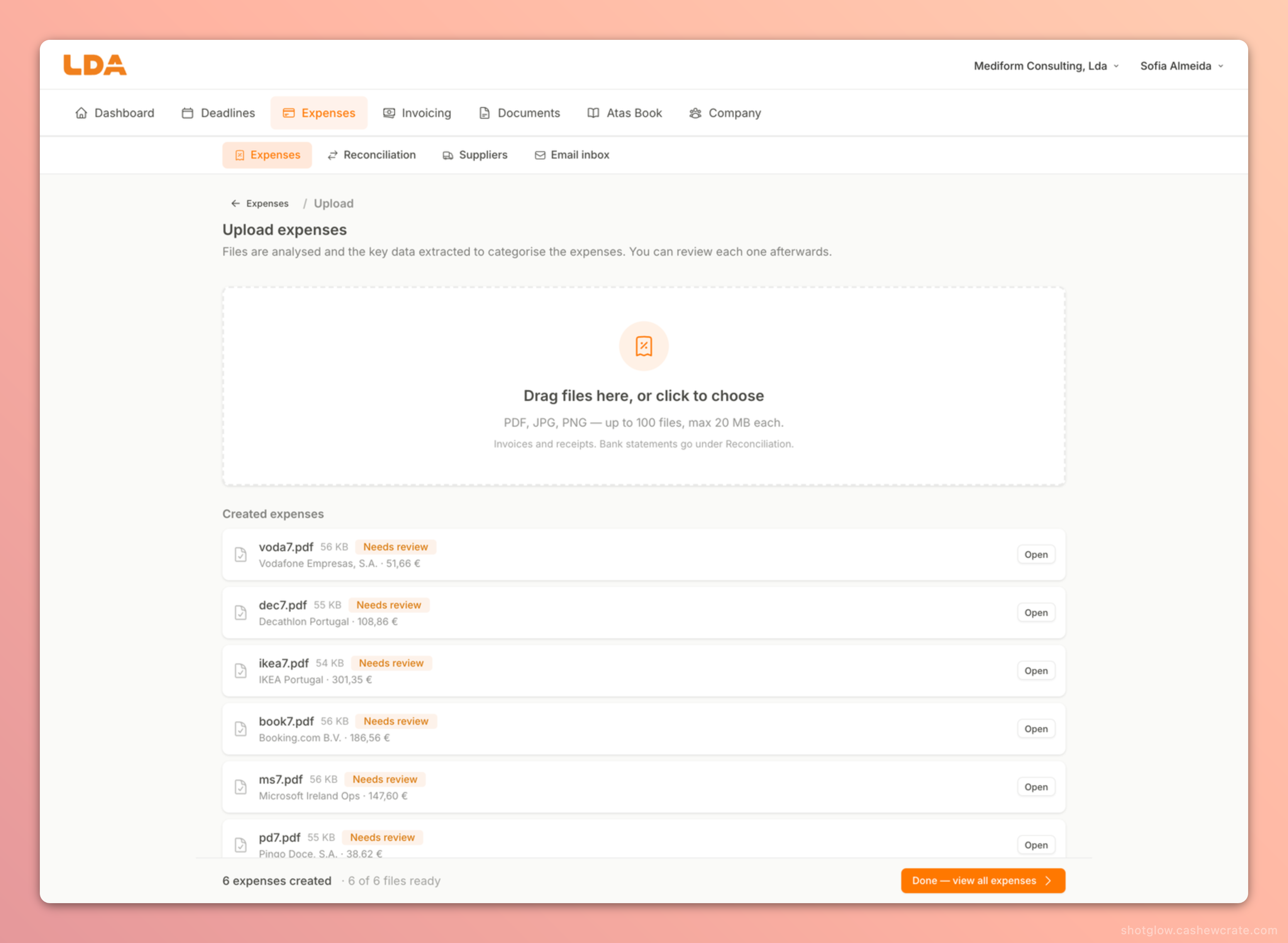 Limitada Upload Expenses page: drag-and-drop area for PDF, JPG, and PNG files, plus a list of expenses being created with per-file status (Needs review).