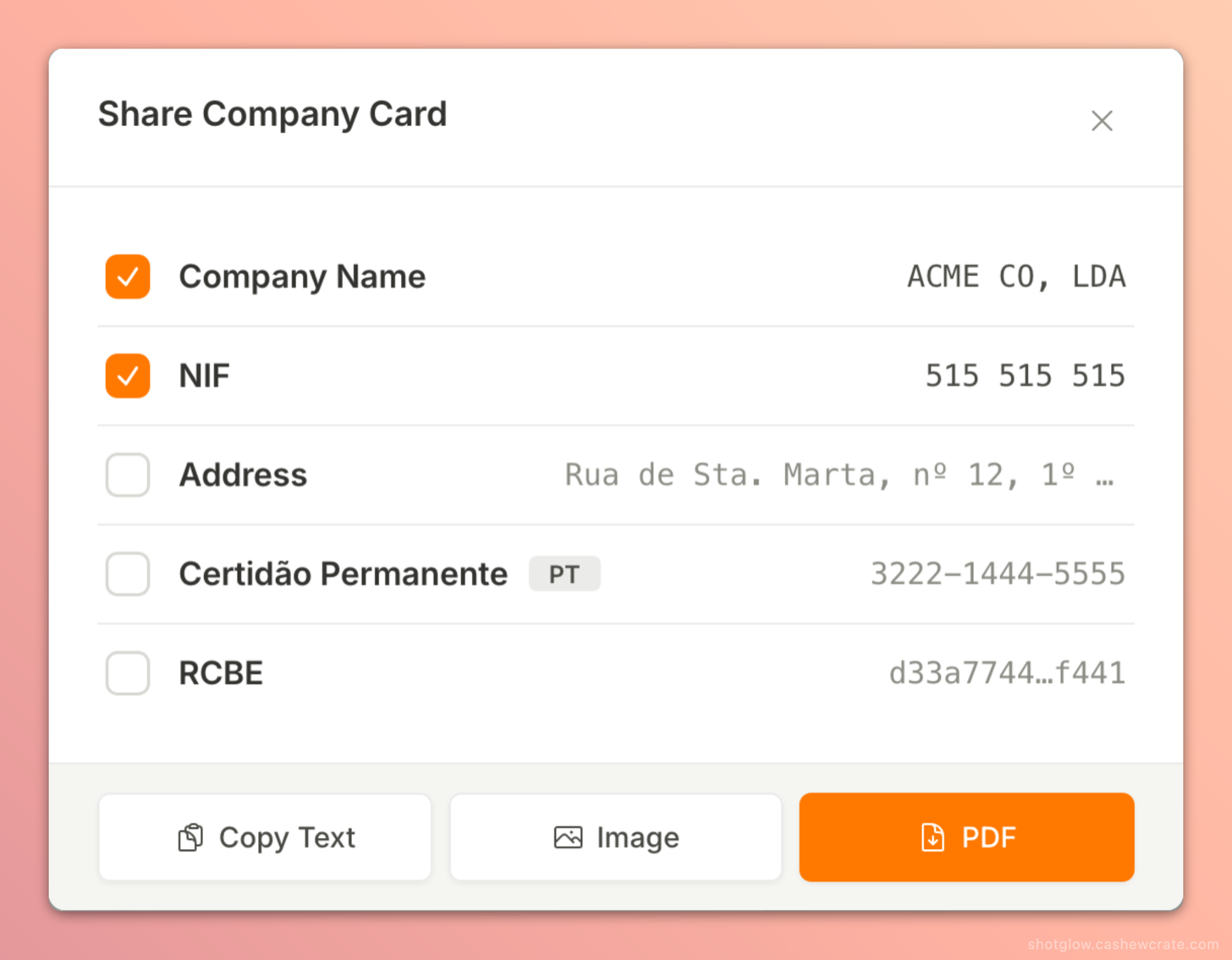 Limitada's Company Card: selecting which fields to share (Company Name, NIF, Address, Certidão Permanente, RCBE) and the Copy Text, Image, and PDF buttons.
