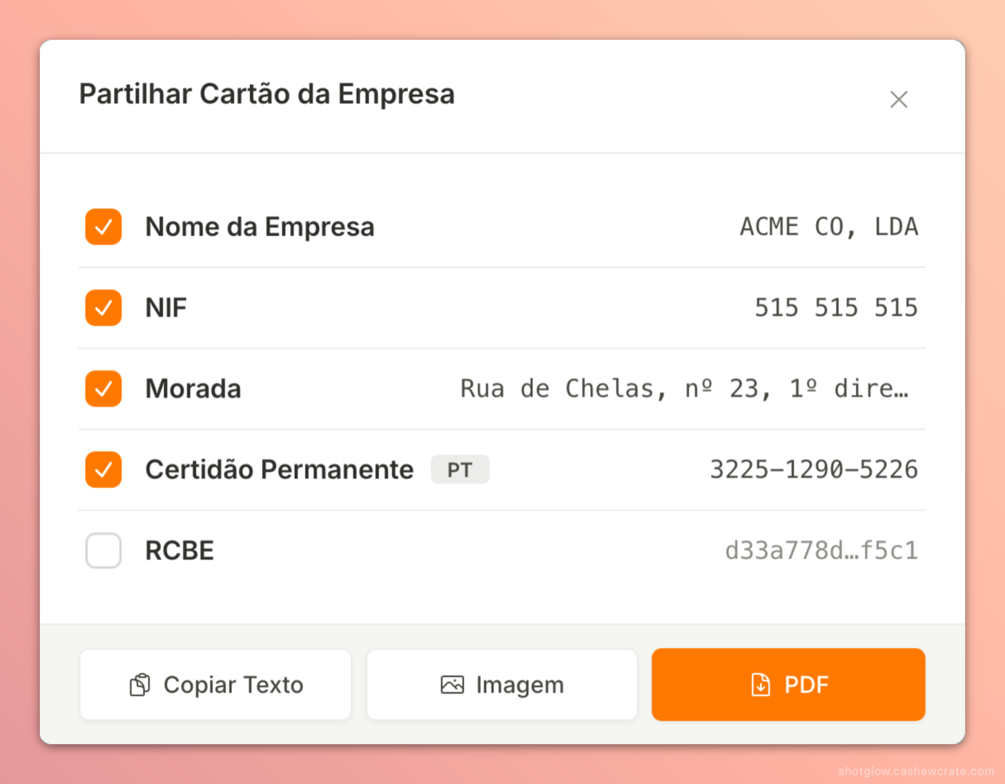 Cartão da Empresa na Limitada: selecção dos campos a partilhar (Nome da Empresa, NIF, Morada, Certidão Permanente, RCBE) e botões Copiar Texto, Imagem e PDF.