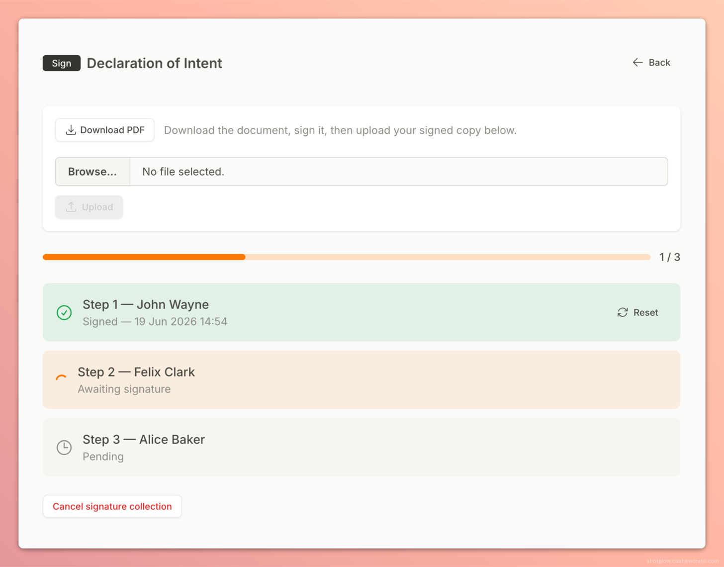 Signature collection process in Limitada: the list of managers with each step's status (signed, awaiting signature, pending) and the progress bar of signatures collected.