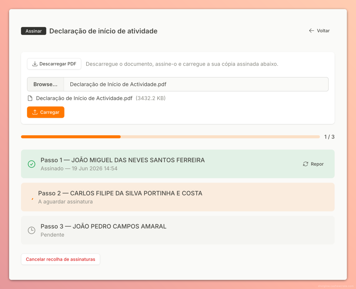 Processo de recolha de assinaturas na Limitada: a lista de gestores com o estado de cada passo (assinado, a aguardar assinatura, pendente) e a barra de progresso das assinaturas recolhidas.